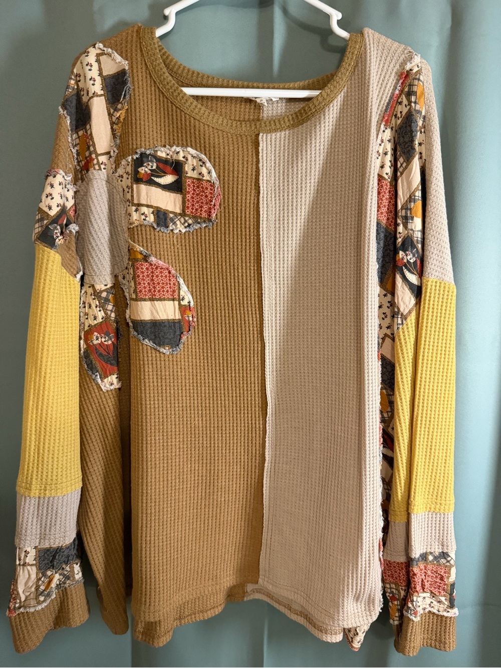 easel Patchwork Waffle Knit Long Sleeve Top in Mustard and Cream